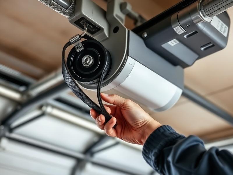Close-up of garage door opener belt drive system during professional replacement